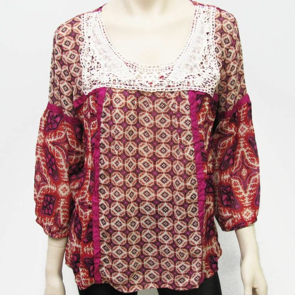Bila Tops - BILA FLORAL PEASANT BOHO TOP crochet lace trim #XL